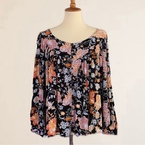 Nicole Miller Floral Leaf Pattern Balloon Sleeve Loose Fit Pullover Top